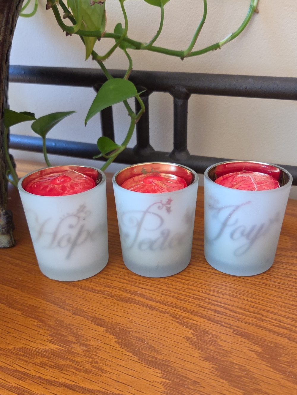 (3) Yankee Candle Frosted Votive Holders with New Red Candles - Hope, Peace, Joy